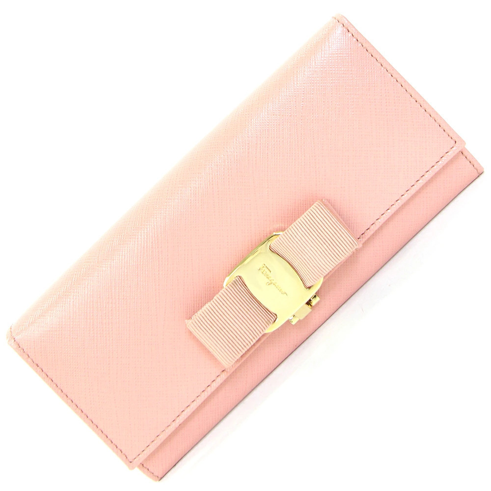 Salvatore Ferragamo Vara Bi fold Long Wallet Pink Leather Ribbon Salvatore